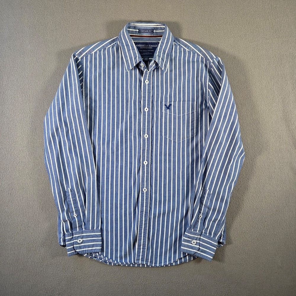 American Eagle Outfitters Shirt Men Large Blue Striped Cotton Oxford Vintage Fit